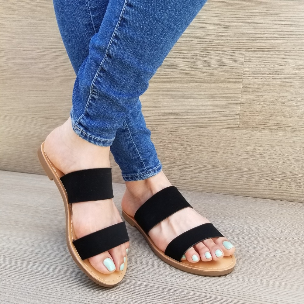 Slip On 2 Strap Flat slider Sandal Black Velvet-C - Picture 3 of 8